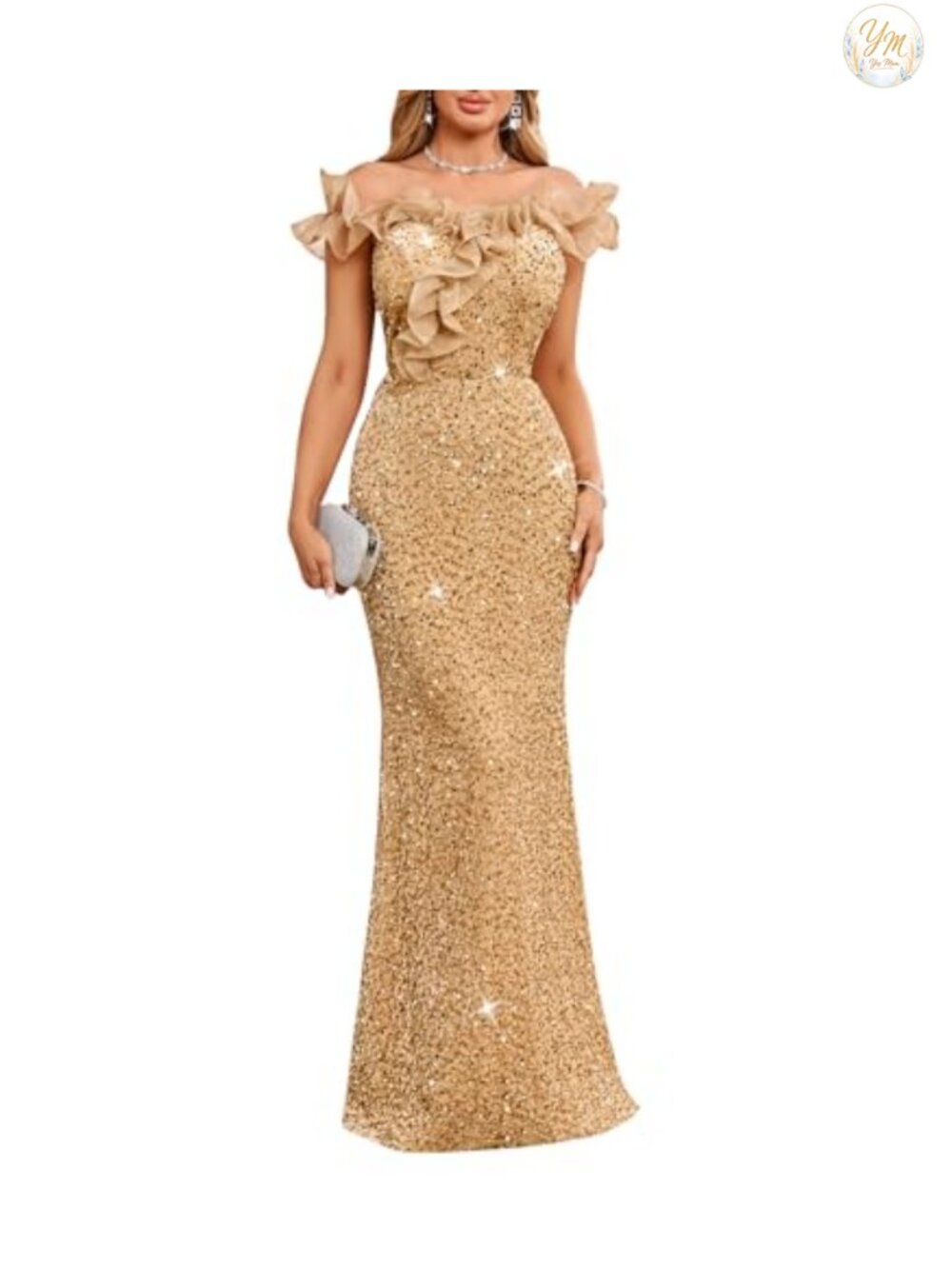 Sequined Off Shoulder Mermaid Formal Evening Gown Ruffle Maxi Dress